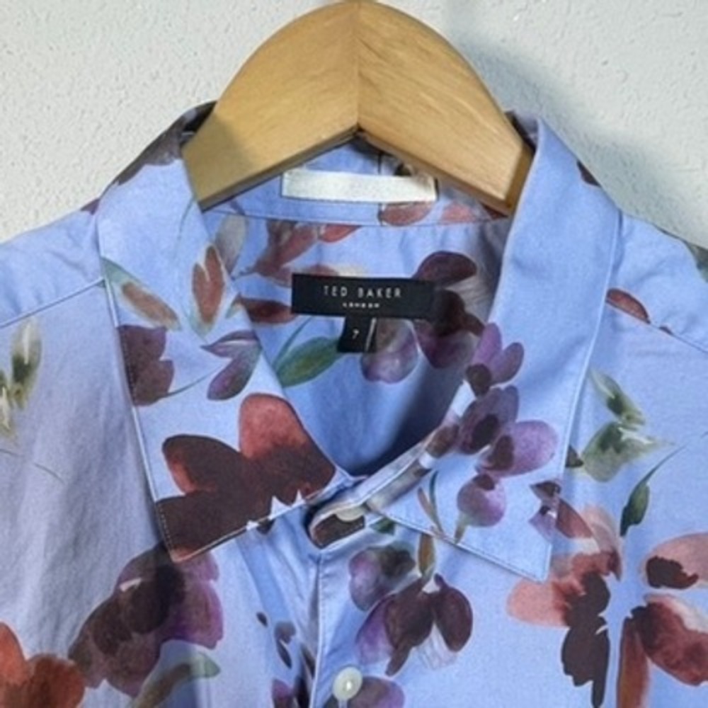 Ted Baker London Floral Camp Shirt Men 7 3XL Blue Watercolor Cotton Short Sleeve - Picture 4 of 8